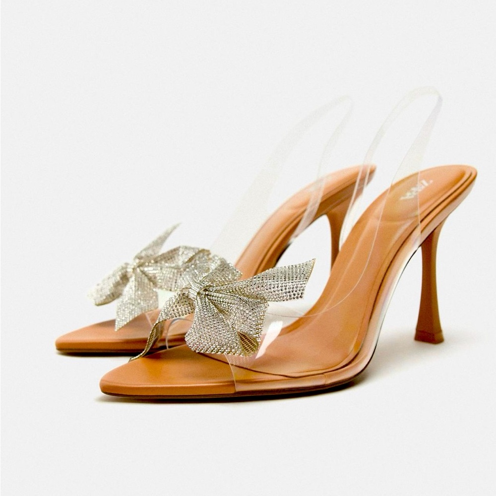 Zara Bow trim heeled vinyl sandals (one time used)